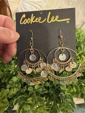 Cookie Lee Gold and Capiz Shell  Hoop Chandelier Earrings